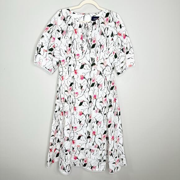 Marchesa Notte Womens Aster Printed Cotton Poplin Dress Puff Sleeve Ivory Pink 8 - Picture 3 of 12